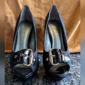 GUESS Black Peep Toe Heels with Buckle Detail